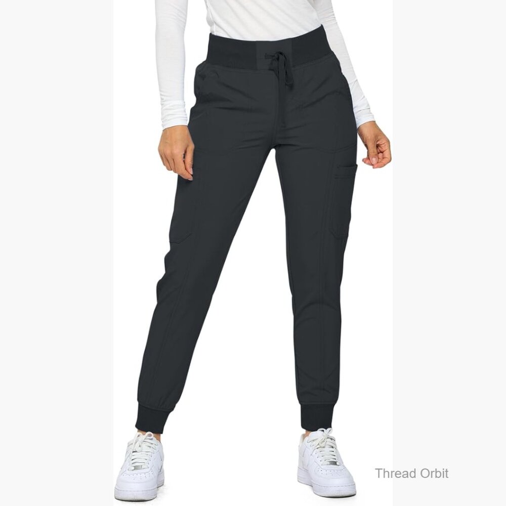Ribbed Jogger Scrub Pants with 6 Pockets, High Rise, Stretch Polyester